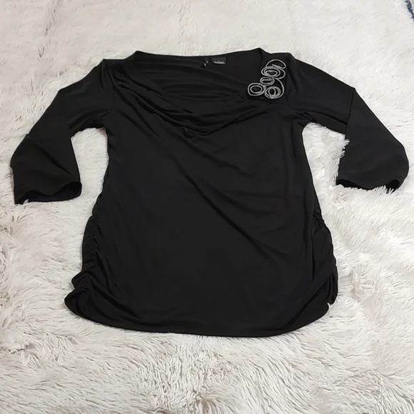New Directions Stretch Cowl Neck Top Black ¾-Sleeve Ruched Metallic Detail Large - Picture 6 of 9
